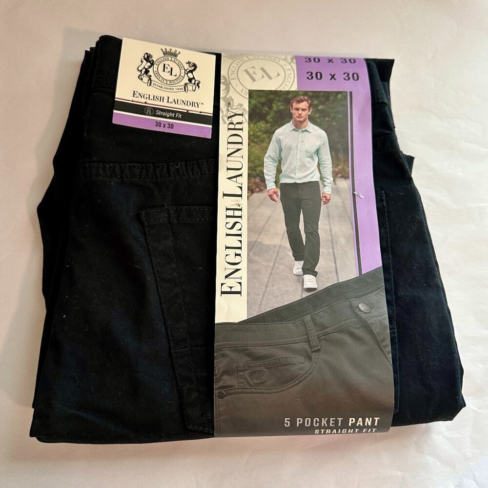 English Laundry Men's 5 Pocket Pant Size 30 X 30 Black Straight Fit Stretch NEW